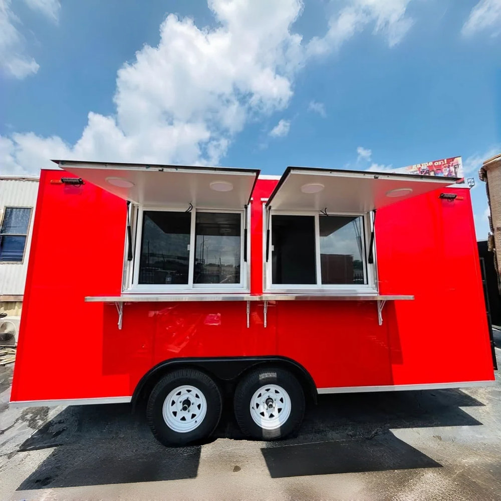 Bright Red Enclosed Food Trailer Dual Serving Windows Dual Axle